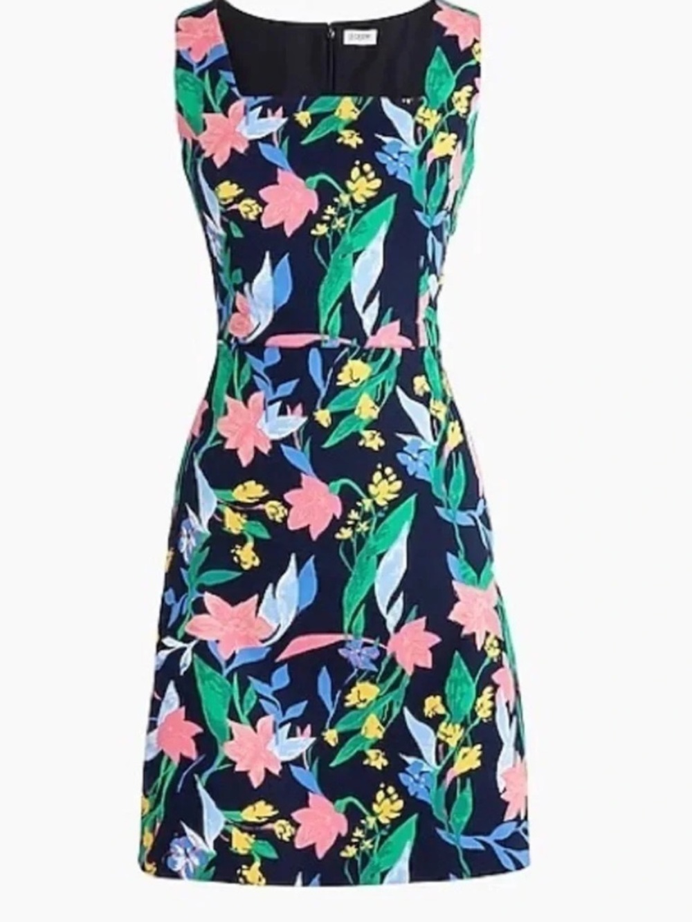 J. Crew Navy Floral Basketweave Square-Neck Mini Dress with Pink & Green Print